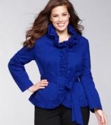 A ruffled collar and ruched placket and hem make this INC plus size jacket irresistibly feminine.