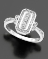 An art-deco style ring with lots of sparkle. Baguette-cut and round-cut diamonds (1/5 ct. t.w.) are set in 14k white gold.