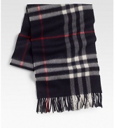 Soft, luxurious cashmere woven in the iconic check pattern.Fringed edgesAbout 12W x 66LCashmereDry cleanImported