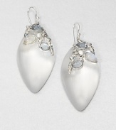 From the Lucite Wanderlust Collection. Graceful almond-shaped drops of hand-painted, hand-sculpted Lucite are adorned with a luminous cluster of moonstone, shell pearls, tinted glass and shimmering Swarovski crystals.MoonstoneCrystalGlassLuciteRhodium platingLength, about 2.25Width, about 1Ear wireMade in USA