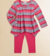 A striped tunic with an asymmetrical hem sits atop a pair of matching leggings for a pretty ensemble. Tunic V-neckLong sleevesPullover stylePrincess seamsAsymmetrical hem Leggings Elastic waistband68% polyester/32% cottonMachine washImported