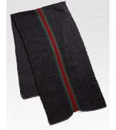 Black/medium grey with fringe detail.Green/red/green signature web38% silk/32% wool/30% alpaca21¾W X 70L Made in Italy