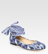 Comfortable linen flat in a trend-smart ikat print with a tie that makes its way up the ankle. Printed linen upperLeather lining and solePadded insoleImportedOUR FIT MODEL RECOMMENDS ordering true size. 