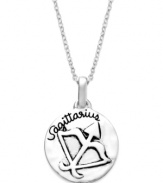 Optimistic, freedom-loving, honest & loving. Unwritten's chic Zodiac pendant features the signature Sagittarius design with these unique qualities listed on the reverse side. Set in sterling silver. Approximate length: 18 inches. Approximate drop: 3/4 inch.