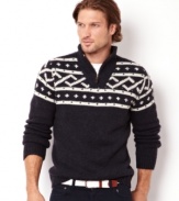 With an attracive fairisle band is this handsome and sophisticated quarter zip sweater by Nautica.