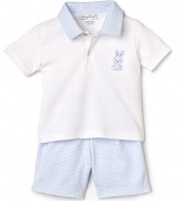 He'll look great in gingham! Kissy Kissy's completes his look with a short sleeve polo, embroidered with a teddy bear at the chest and complementary gingham short.