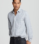 Crisp cotton poplin feels great against the skin, and the easy-going gingham check pattern of this slim-fitting button-down shirt gives your look a dapper edge.