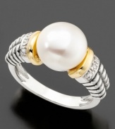 The classic enchantment of the pearl shines brightly in this beautiful 14k gold and sterling silver ring. With a freshwater pearl (10 mm) and diamond accents. Size 7.