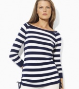 Bold stripes grace the front of a three-quarter-sleeve tee from Lauren by Ralph Lauren, crafted with an elegant ballet neckline and drawcord detailing at the hem to create chic ruching.