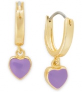 Share the love. Lily Nily's children's drop hoop earrings are set in 18k gold over sterling silver with purple enamel hearts adding a vibrant touch. Item comes packaged in a signature Lily Nily Gift Box. Approximate drop: 3/4 inch. Approximate width: 1/4 inch.