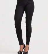 THE LOOKBanded waist Back zip with hook and eye closure Ribbed panels on outer waist and thigh, inner knee and outer ankleTHE FITSlim fit Skinny leg Rise, about 9 Inseam, about 31THE MATERIALPants: 96% wool/4% Lycra Ribbed Panels: 95% cotton/5% spandexCARE & ORIGINDry clean Imported