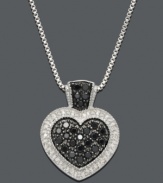 A heart pendant with an extra pop of color. Features a sterling silver setting and chain with a black diamond center and bale (3/8 ct. t.w.) surrounded by white diamond edges (1/8 ct. t.w.) Approximate length: 18 inches. Approximate drop: 3/4 inch.