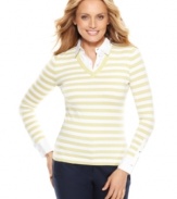 A striped sweater with an inset collar lends a layered look to this easy top from Charter Club. Pair it with slim pants for put-together style.