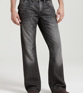 True Religion's straight leg jeans with signature horseshoe pocket styling in a silver wash.