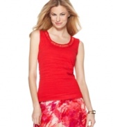 Kick up any outfit in this vibrant sleeveless shell from Jones New York. The mesh trim at the neckline adds the right touch of romance to this chic essential.