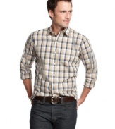 Add a pop of plaid into your wardrobe for a preppy upgrade with this slim-fitting woven shirt from Izod.