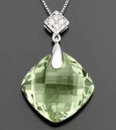 Lovely for any age, this necklace features a gorgeous cushion-cut green quartz (10-1/8 ct. t.w.) pendant topped with glittering diamond accents. Crafted in 14k white gold. Approximate length: 18 inches. Approximate drop: 1 inch.