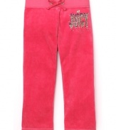 Choose these popping pink Juicy Couture pants in super soft velour with a metallic Choose Juicy logo.