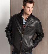 You'll exude cool, classic style in this comfortable leather bomber jacket from Marc New York.