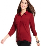 A high-low hemline and printed back make Alfani's petite button-down stand out from the crowd! Pair it with leggings or skinny jeans for a fashion-forward look! (Clearance)