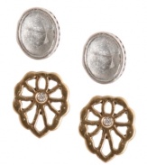 Open to new ideas? This earring set from Lucky Brand features an openwork pair that's crafted from gold-tone mixed metal, and another crafted from silver-tone mixed metal. Items come packaged in a signature Lucky Brand Box. Approximate drop: 1/2 inch.