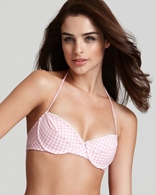 Perfect flawless femininity with this powder pink bikini from Soshanna. In a flattering cut and demure motif, it begs for a beach blanket picnic.