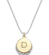 Letter perfection. This sterling silver necklace holds a pendant set in 14k gold and sterling silver plated topped with a D and adorned with crystal for a stunning statement. Approximate length: 18 inches. Approximate drop: 7/8 inch. Approximate drop width: 5/8 inch.