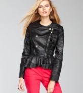 Moto-inspired zippers up the ante on a pretty petite peplum jacket from INC. Coated fabric and collarless styling give this topper added edge.