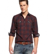 Urban cowboy style is a cinch thanks to INC International Concepts' plaid button-front shirt.