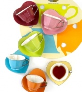 Sweet tea set. Porcelain tea cups with heart-shaped centers and matching saucers transform your afternoon tradition into a proper tea party. Featuring six cheerful hues and a pretty hat box that's perfect for giving. From Classic Coffee & Tea.