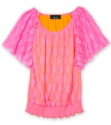 Give her style a flowy feel with this lace neon top from BCX.