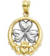 A touch of Celtic inspiration. This symbolic Claddagh and shamrock charm is crafted in polished 14k gold and sterling silver with a pretty cut-out design. Chain not included. Approximate length: 1 inch. Approximate width: 3/5 inch.