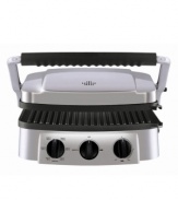 A countertop chef that never backs down from any meal-in-the-making. The ideal indoor grill, this versatile 4-in-1 press takes on meats, waffles, paninis and more with a hinged griddle cover, six temperature controls and 5 interchangeable jumbo nonstick grill plates. Model 8147. 1-year limited warranty.