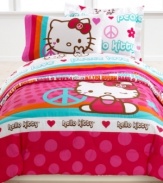 Peace. Love. Hello Kitty. Featuring 60's-inspired type and cute heart, peace sign, flower and Hello Kitty graphics, this Peace Kitty sheet set is totally groovy.