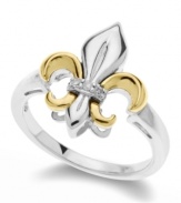 Symbolic and sparkling, this pretty Fleur De Lis ring matches perfectly with any outfit, while diamond accents add shine. Crafted in sterling silver and 14k gold. Size 7.