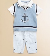 A basic one-piece knit makes a handsome statement with anchor design and colorful stripes.Point collarShort sleevesFront buttonsBottom snaps for easy on and offCottonMachine washImported Please note: Numbers of buttons and snaps may vary depending on size ordered. 