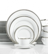 Add sparkling sophistication to your table with the timeless Grand Buffet Platinum dinnerware set. Wide bands of platinum with a delicate scroll motif adorn glistening white porcelain from Charter Club.