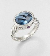 A faceted Hampton blue topaz stone set in sleek sterling silver accented with amethyst and hematite on an iconic cable shank. Hampton blue topazAmethystHematiteSterling silverWidth, about .5Imported