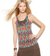 A built-in necklace updates INC's classic tank. The exotic print give this top a touch of tribal chic!