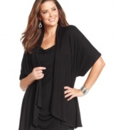 Land two styles for one great price with Cha Cha Vente's layered look plus size top, featuring a draped cardigan and scoopneck inset.