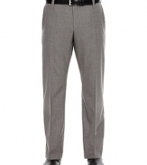 Flat front dress pants with two trouser pockets. Wool blend. Two welt pockets on back. Zip fly and hook closure.