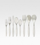 An understated and elegant set of stainless steel cutlery, crafted with rounded, slightly indented stems that taper and blossom into elegant tines and curves. Includes 8 dinner knives, dinner forks, salad/dessert forks and soup/cereal spoons, plus 2 serving spoons and 1 serving fork. 43 total pieces 18/10 stainless steel Machine wash Imported 