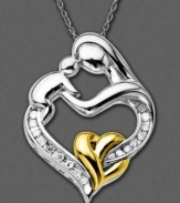 A heartwarming diamond necklace with beautifully crafted figures of a mother and baby linked in a heart. The perfect gift for the new mother. In 14k gold and sterling silver with round-cut diamonds (1/10 ct. t.w.). Chain measures approximately 18 inches long with a 1-inch drop.