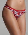 A floral printed microfiber bikini with a logo stamped waistband.