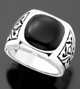 Powerful beauty. This sterling silver ring features cushion-cut onyx (14x14 mm) and stylish openwork. Size 10.5.