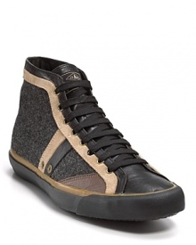 Skater style from Paul Smith, this leather hi-top adds textured wool side panels and stripe details.