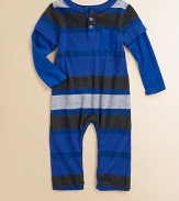 A sporty, striped, button-front one-piece ensemble crafted in a layered-look design for handsome style.CrewneckLayered-look long sleevesButton-frontPatch pocketBottom snaps49% polyester/35% cotton/16% micro modalMachine washImported Please note: Number of snaps/buttons may vary depending on size ordered. 