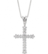 A simple cross makes the perfect gift for a wedding or confirmation. Pendant is crafted in 14k white gold while round-cut diamonds (1/4 ct. t.w.) cover the surface. Approximate length: 18 inches. Approximate drop: 7/8 inch.