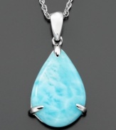 A cool blue shade for placid moods. This beautiful necklace features a pear-cut larimar set in sterling silver. Measures approximately 16 inches with a 2-inch extender; drop measures approximately 1-1/4 inches.