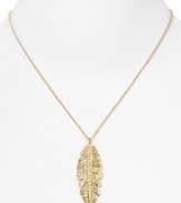 Feathers are fashion-forward favorite this season and Melinda Maria's gold-plated pendant is a delicate way to make the trend personal.